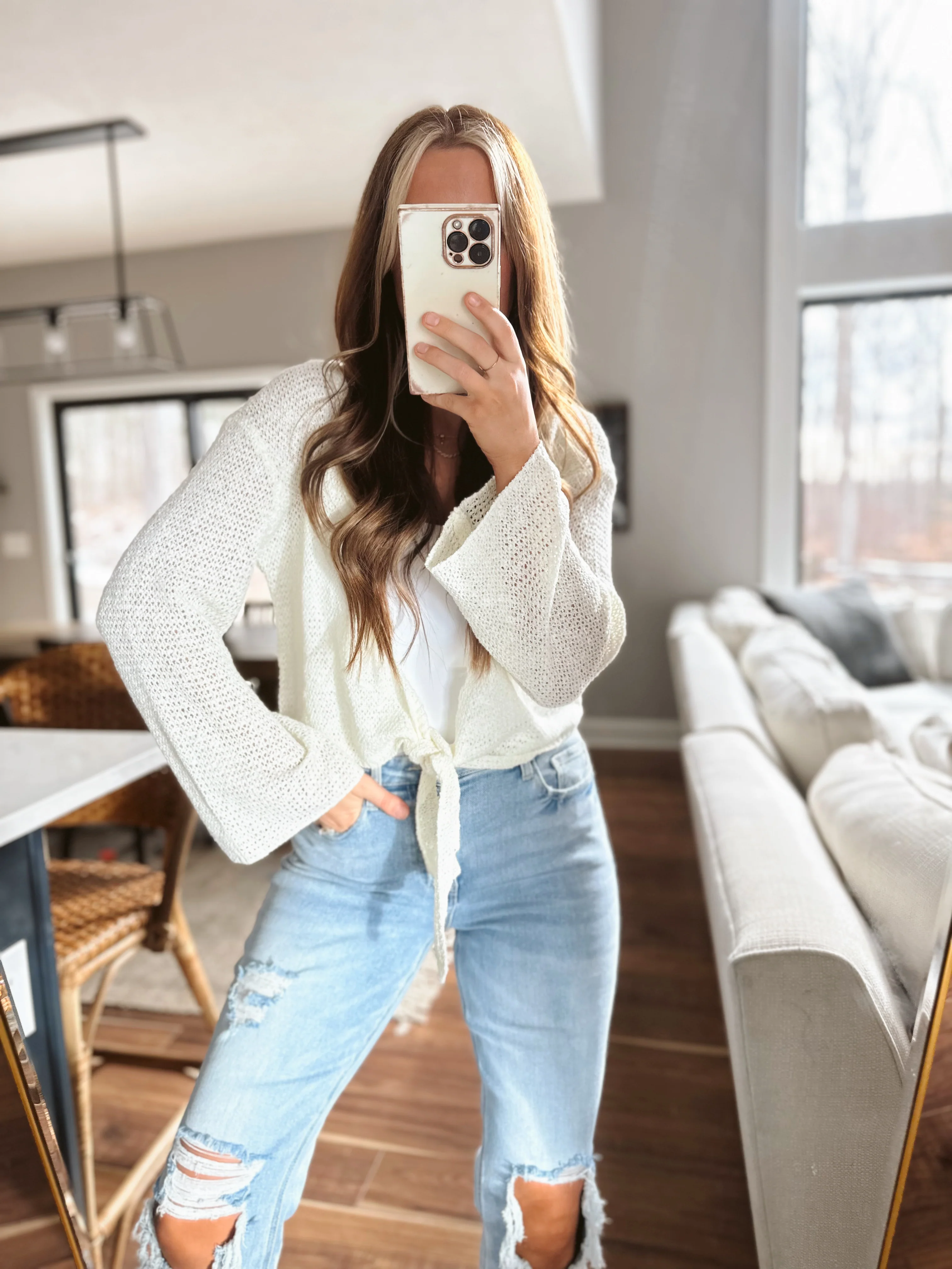 Ally Cream Open Knit Tie Cardi - Image 3