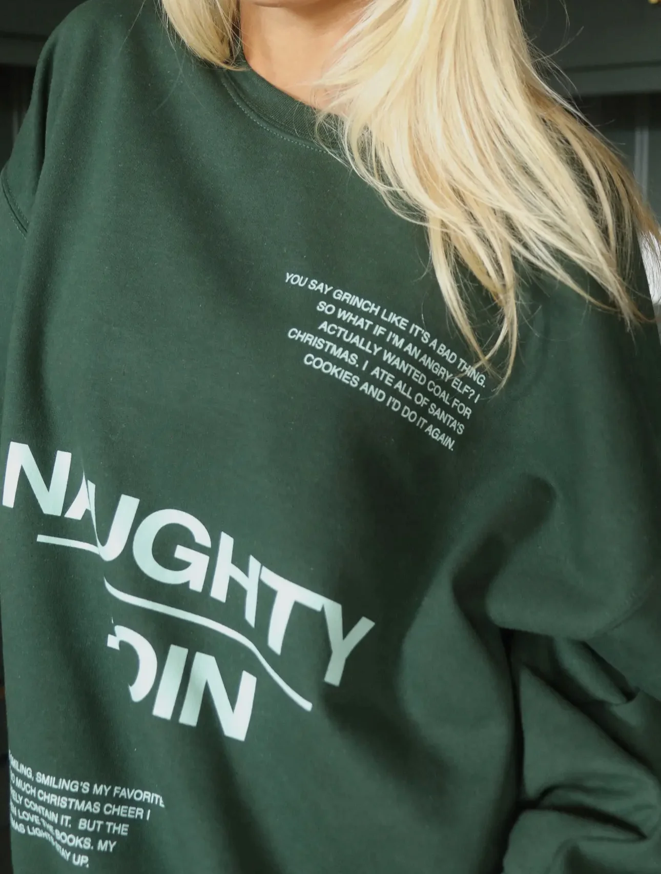 Naughty and Nice Pine Green Graphic Crew - Image 3