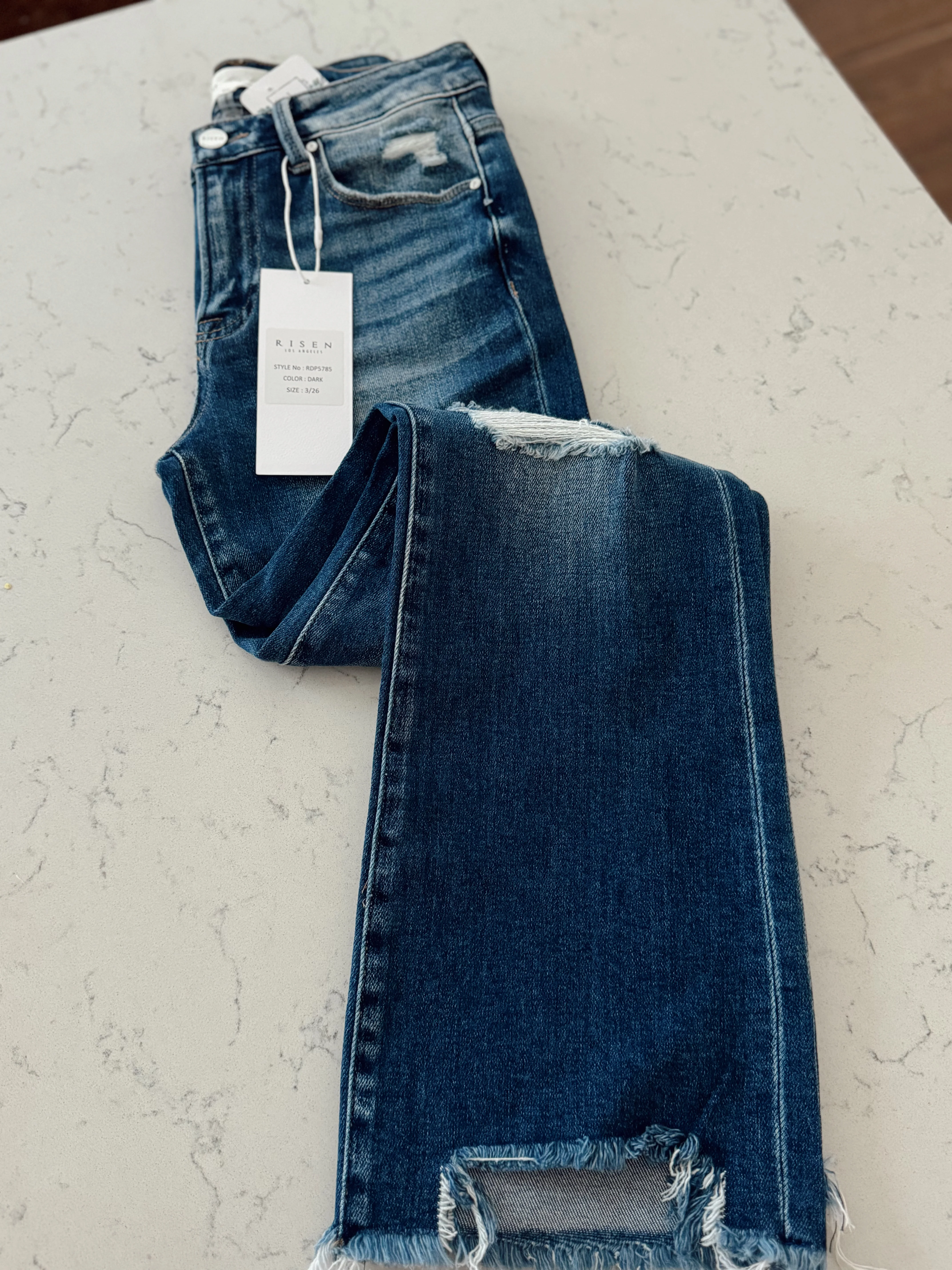 Risen Dark MR Ankle Straight  Fray Hem Denim - Image 3